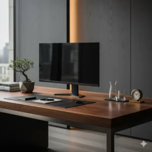 Close-up of a sophisticated executive desk setup showcasing luxury office decor accessories and minimalist design.