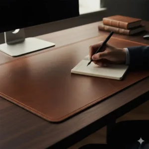 Close-up of a thick, brown masculine leather desk mat, providing a professional and durable writing surface.