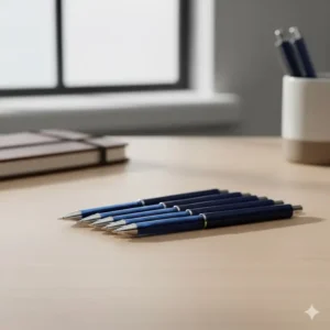 Close-up shot of a set of navy blue gel pens, essential writing tools among the various blue office supplies.