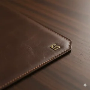 Close-up of a premium, deep-brown leather desk mat, part of an executive luxury desk organizer collection.