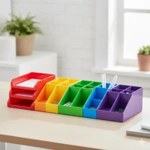 A set of modular, colorful plastic desk organizers in a rainbow pattern, perfect for tidying up a home office.