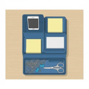 Top-down view highlighting the various storage compartments of the blue desk organizer designed for maximum efficiency.