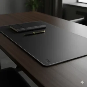 Large black leather desk pad with white stitching is an essential piece of upscale desk accessories for a modern office.