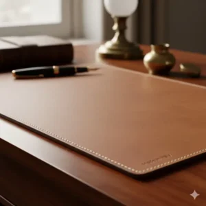 Close-up of a sophisticated, handcrafted leather desk pad, a key piece in the luxury desk accessories set.