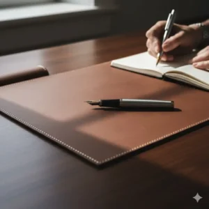 Close-up of a smooth, stitched premium leather desk pad providing an elegant writing surface for a sophisticated workspace.