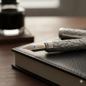 Close-up shot of an engraved silver fountain pen, a classic essential among luxury desk items.