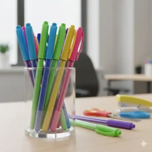 A close-up shot of various colorful gel pens and markers neatly arranged in a clear container, ideal for art and daily desk supplies.