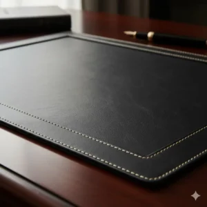 Close-up view of a premium black leather desk mat and blotter, showing the fine stitching and craftsmanship of the luxury desk set.