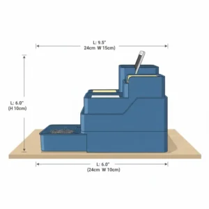 Side profile illustration displaying the compact dimensions of the blue desk organizer, perfect for small workspaces.