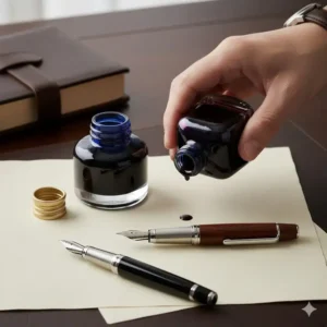 A stunning set of designer fountain pens and bottled ink, showcasing fine craftsmanship in **luxury office supplies**.