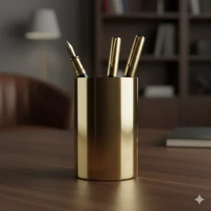 Elegant cylindrical pen cup crafted from polished brass, designed for a high-end luxury desk organizer system.