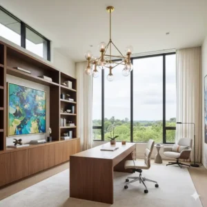 A bright, modern home office featuring an oversized designer chandelier and floor-to-ceiling windows, highlighting luxury office decor.