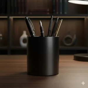 A minimalist, heavy-duty masculine metal pen holder in gunmetal or matte black, holding high-quality writing instruments.