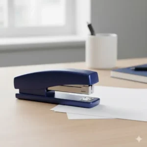 A sleek, metallic blue stapler resting next to a stack of papers, a key piece of blue office supplies.