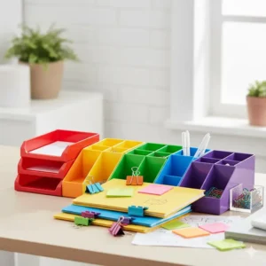 Close-up of vibrant filing supplies, including colorful file folders, binder clips, and sticky notes used as office accessories.
