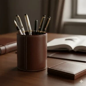Stylish executive leather pen cup holding several high-end fountain pens, a perfect piece of luxury leather desk accessories for an organized office.