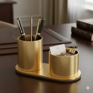 A minimalist gold-finish metal pen holder and stationery cup, designed to coordinate with the full luxury desk accessories set.