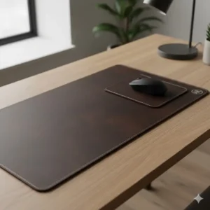 Premium dark brown leather desk pad and matching mousepad providing a sophisticated work surface, part of desirable luxury desk items.