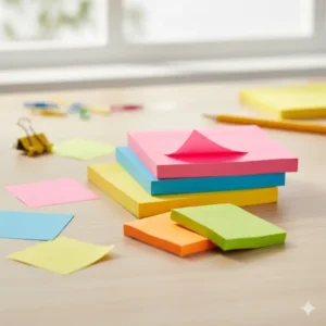 Stacked blocks of vibrant sticky notes in pink, blue, and yellow, used for quick reminders and and desk organization among colorful desk supplies.