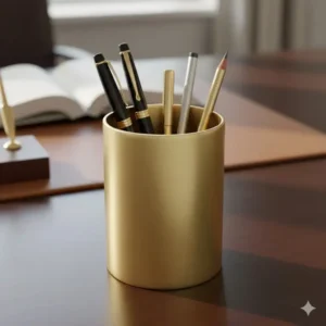 A minimalist, modern gold pen and pencil holder, a sophisticated accessory included in the luxury desk set collection.