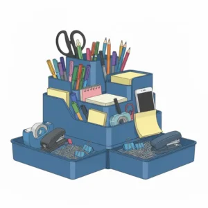 Close-up of the blue desk organizer fully stocked with essential stationery items like scissors, paperclips, and sticky notes.