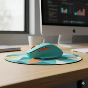 An ergonomic computer mouse and matching geometric mouse pad in bright teal and orange, showcasing colorful tech accessories for the office.