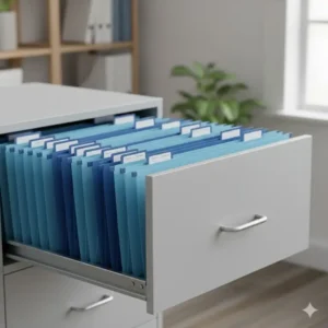 Assortment of light and dark blue hanging file folders, perfect for organizing your blue office supplies documents.