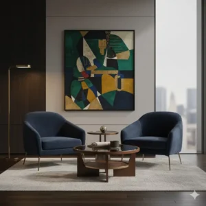 Stylish, high-end office seating area with velvet armchairs and a contemporary art piece, perfect for luxury office decor lounge.