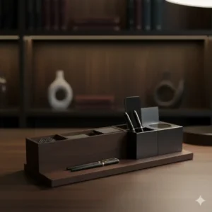 A wooden and dark aluminum masculine desk organizer designed for a tidy office aesthetic.