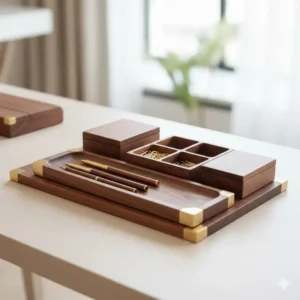 Stackable, modular storage trays and compartments used to organize small office supplies within a modern luxury desk organizer.