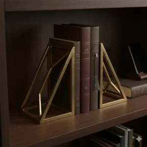 Geometric brass bookends supporting a row of classic literature, perfect for complementing other upscale desk accessories decor.