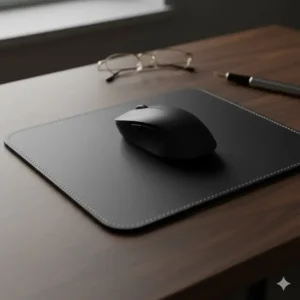 A minimal and classic genuine leather mouse pad in black, shown next to a wireless mouse, adding a touch of luxury to the computer workspace.
