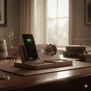 An elegant walnut wood multi-device charging station and phone stand, complementing the aesthetic of the modern luxury desk accessories set.