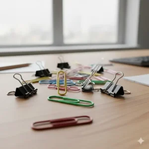 An assortment of bright, colorful paper clips and metallic binder clips scattered on a wooden desktop, essential office supplies and colorful desk accessories.
