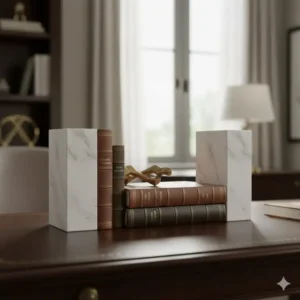 Elegant white marble bookends adding a touch of classic sophistication to an executive office desk, fitting for luxury desk items.