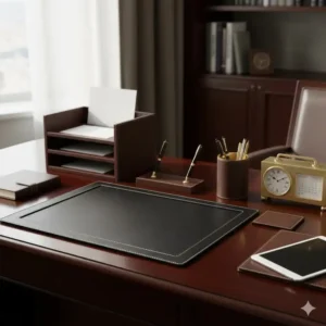 An organized professional office space featuring several matching luxury desk set accessories that keep the workspace tidy and elegant.