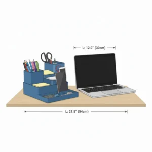 Scale illustration showing the small footprint of the blue desk organizer positioned beside a standard 13-inch laptop.