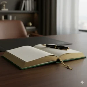 Open view of a thick, cloth-bound high-end notebook or journal with gold-edged pages, perfect for **luxury office supplies** collections.