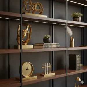 Detail shot of gold and brass accents on shelving, adding a touch of opulent luxury office decor.