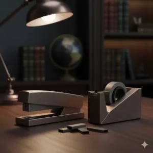 A set of modern masculine office supplies, including a geometric stapler and tape dispenser in a dark bronze finish.