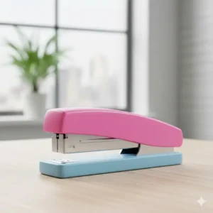 A heavy-duty metal stapler in a striking bright pink and light blue two-tone design, a fun and functional colorful office accessory.