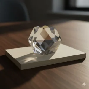 Close-up shot of a faceted crystal paperweight resting on a stack of notecards, emphasizing the luxury of upscale desk accessories.