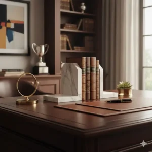 Heavy polished white marble bookends providing a stylish accent to the professional luxury desk accessories set on an executive's desk.