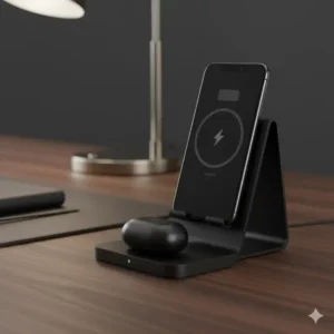 Sleek matte black minimalist wireless charging stand for a phone, blending technology with luxury desk items.