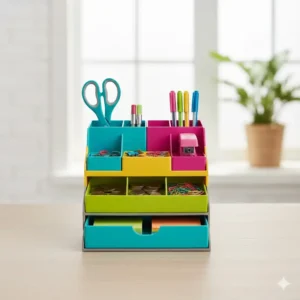 A modern, tiered colorful desk caddy holding scissors, stapler, and other essential desk supplies to keep the workspace tidy.