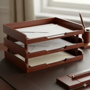 Two-tier desktop letter tray and paper sorter made of polished dark wood, essential for any complete luxury desk set.