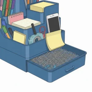 Detail view of the pull-out storage drawer on the multi-functional blue desk organizer.