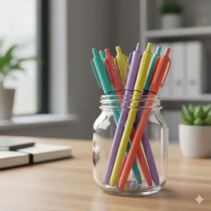 A collection of unique and decorative rollerball pens and highlighters with colorful barrels, displayed in a simple glass jar on an office desk.