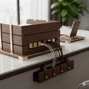 Detail showing a clever, integrated solution for hidden cable management on a luxury desk organizer for a tidy workspace.