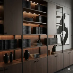 Sleek, minimalist office storage solutions in dark wood and black, emphasizing luxury office decor and organization.